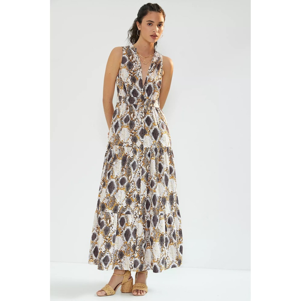 Maeve by Anthropologie Snakeskin Print Tiered Maxi Dress Brown Tan 2P